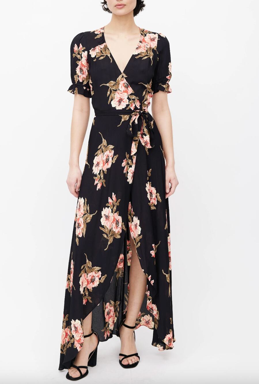 Reformation Addilyn Floral Wrap Print Black Long Dress Womens XS